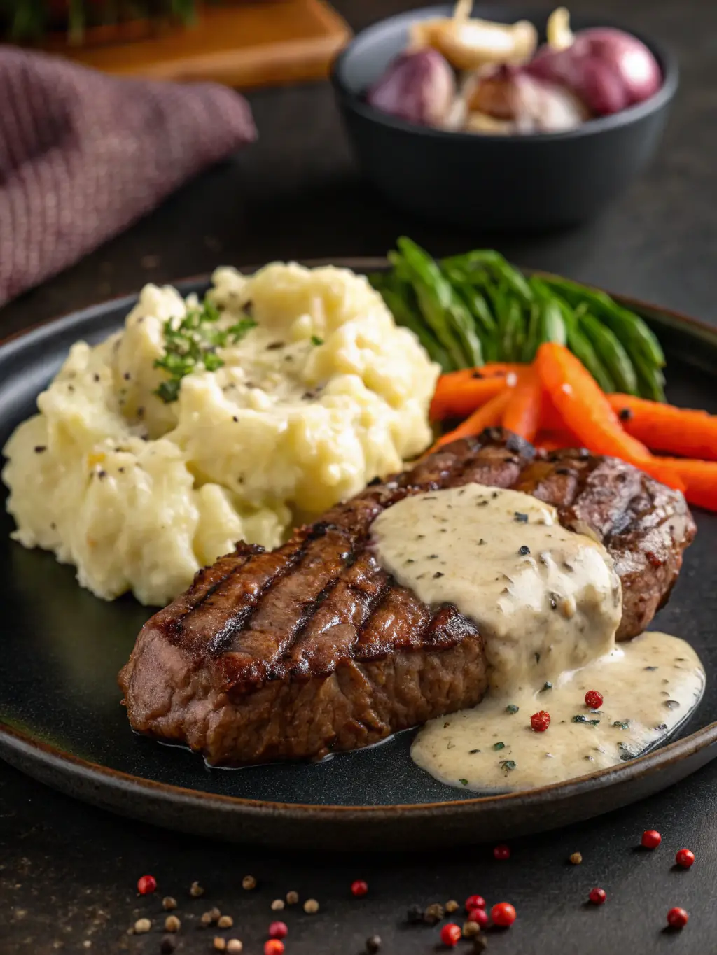 A vibrant image of a juicy, medium-rare grilled steak, seasoned with herbs and spices, served with roasted vegetables and a side of garlic mashed potatoes.