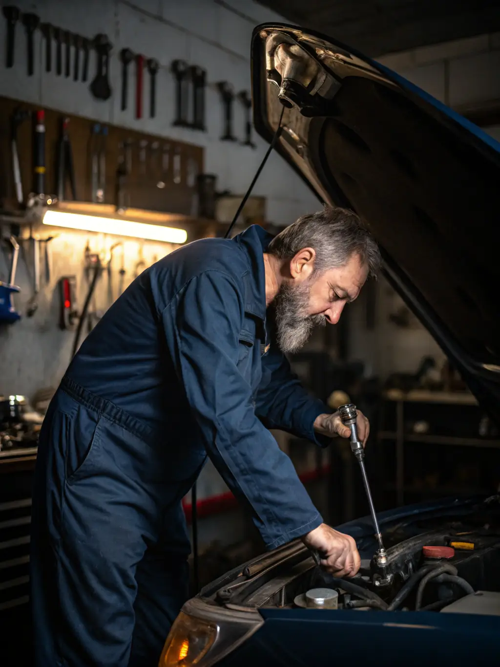A skilled mechanic carefully replacing a clutch in a classic car, emphasizing the restaurant's commitment to maintaining its delivery vehicles.