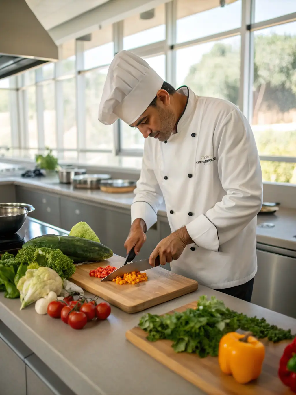 A close-up shot of a chef meticulously inspecting fresh produce in a restaurant kitchen, highlighting the diagnostic service for quality control.