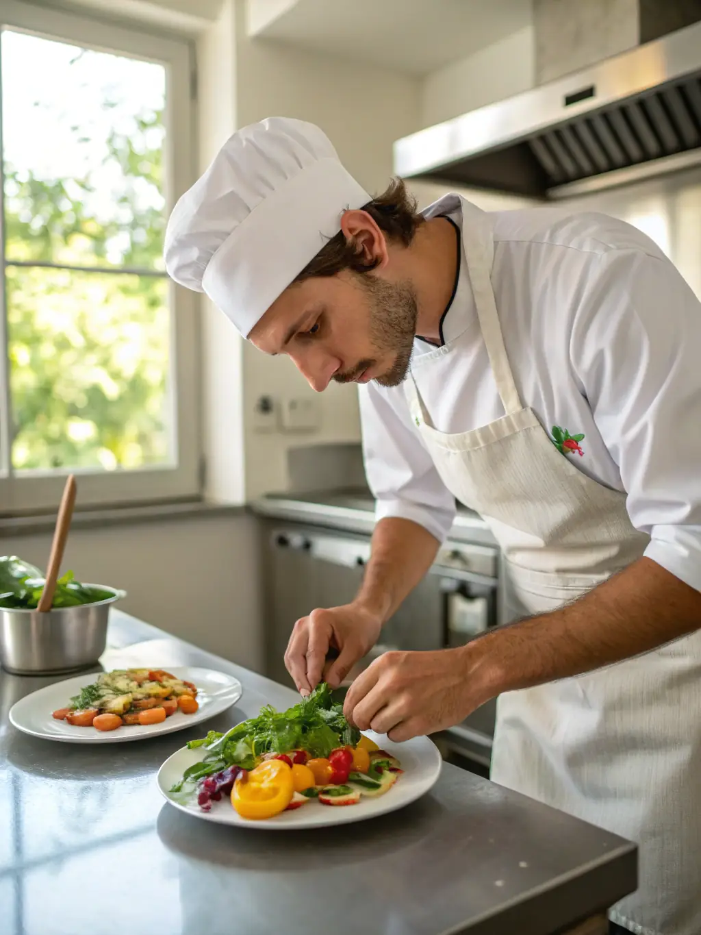 A vibrant photo of a chef expertly preparing a signature dish in a clean, modern restaurant kitchen, emphasizing the freshness and quality of ingredients.