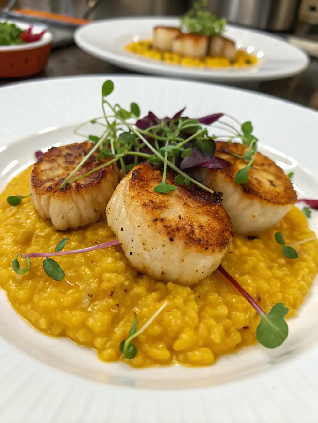 A perfectly plated dish of pan-seared scallops with a lemon butter sauce, served on a bed of asparagus risotto, photographed in a warm, inviting restaurant setting.