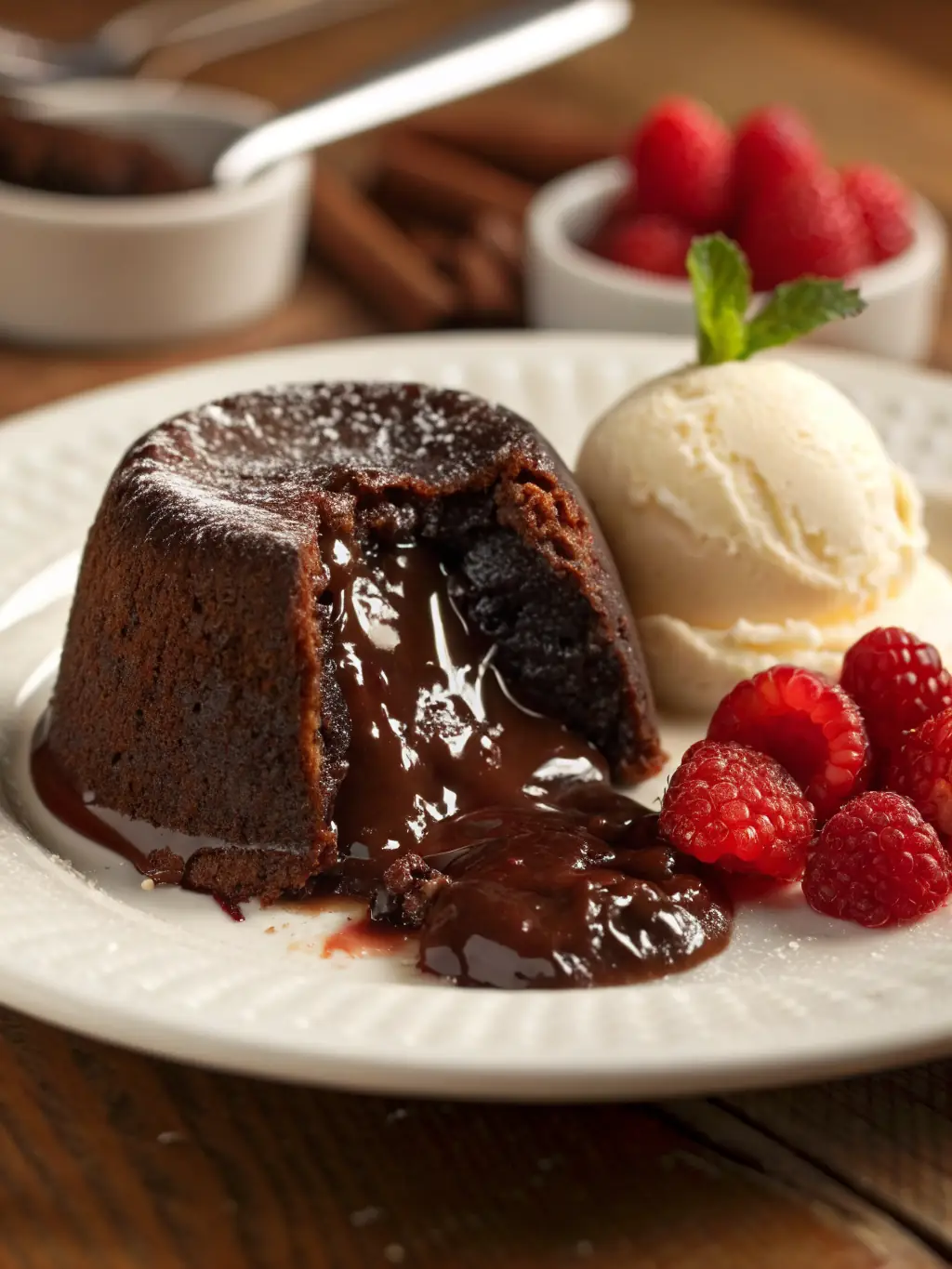 A close-up shot of a decadent chocolate lava cake with a molten center, topped with vanilla ice cream and fresh berries, presented on a white plate.