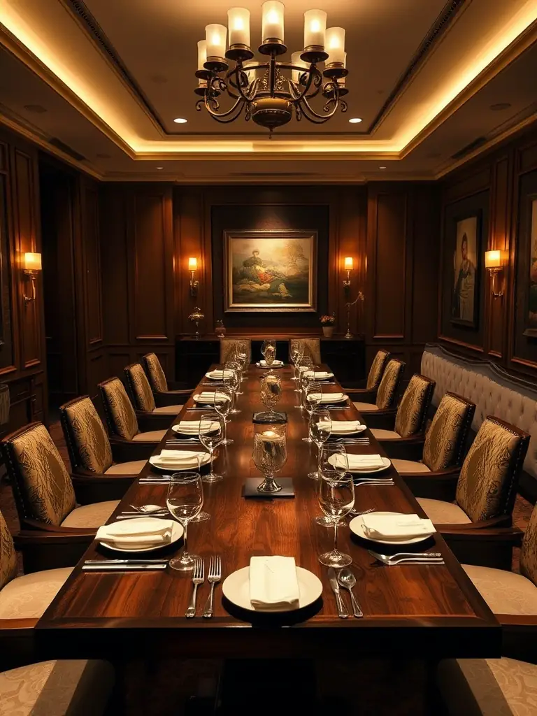 A beautifully decorated private dining room at Business 2421, set for a celebratory dinner, showcasing elegant table settings and soft lighting.