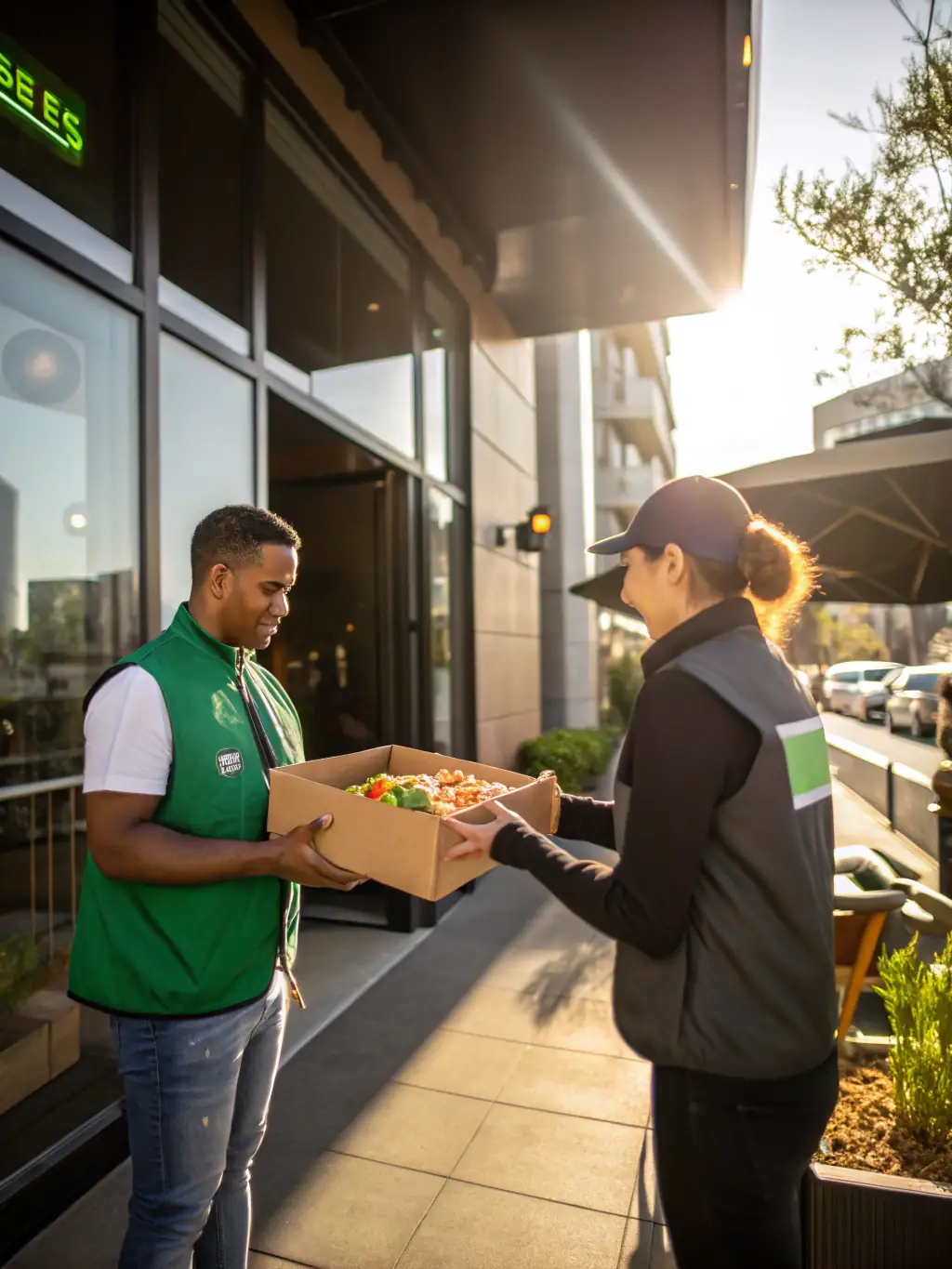 A photograph of a delivery driver handing over a perfectly packaged meal, showcasing the restaurant's commitment to reliable delivery services.