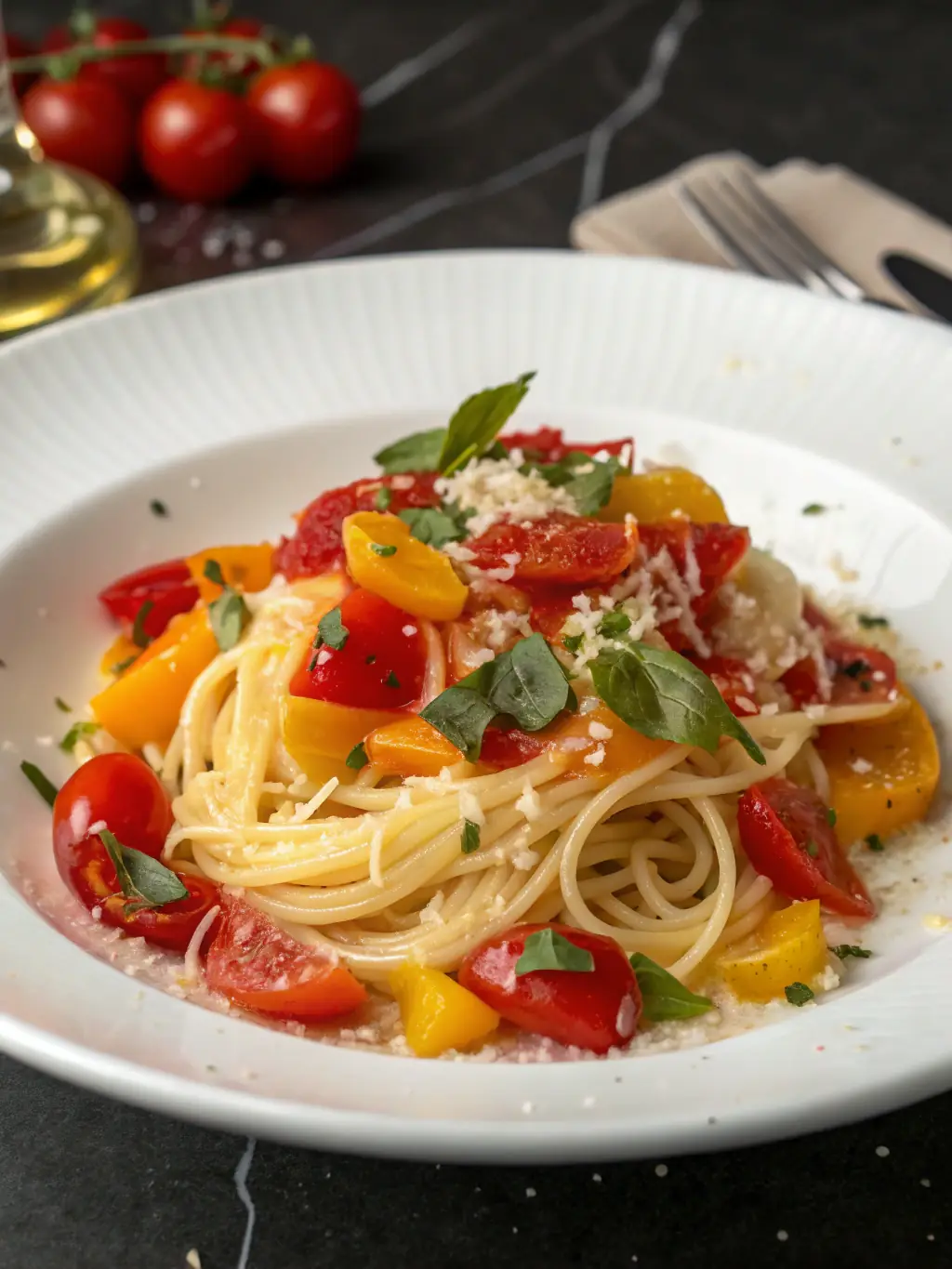 A colorful and appetizing image of a vegetarian pasta dish with seasonal vegetables, tossed in a light pesto sauce, garnished with parmesan cheese and fresh basil.