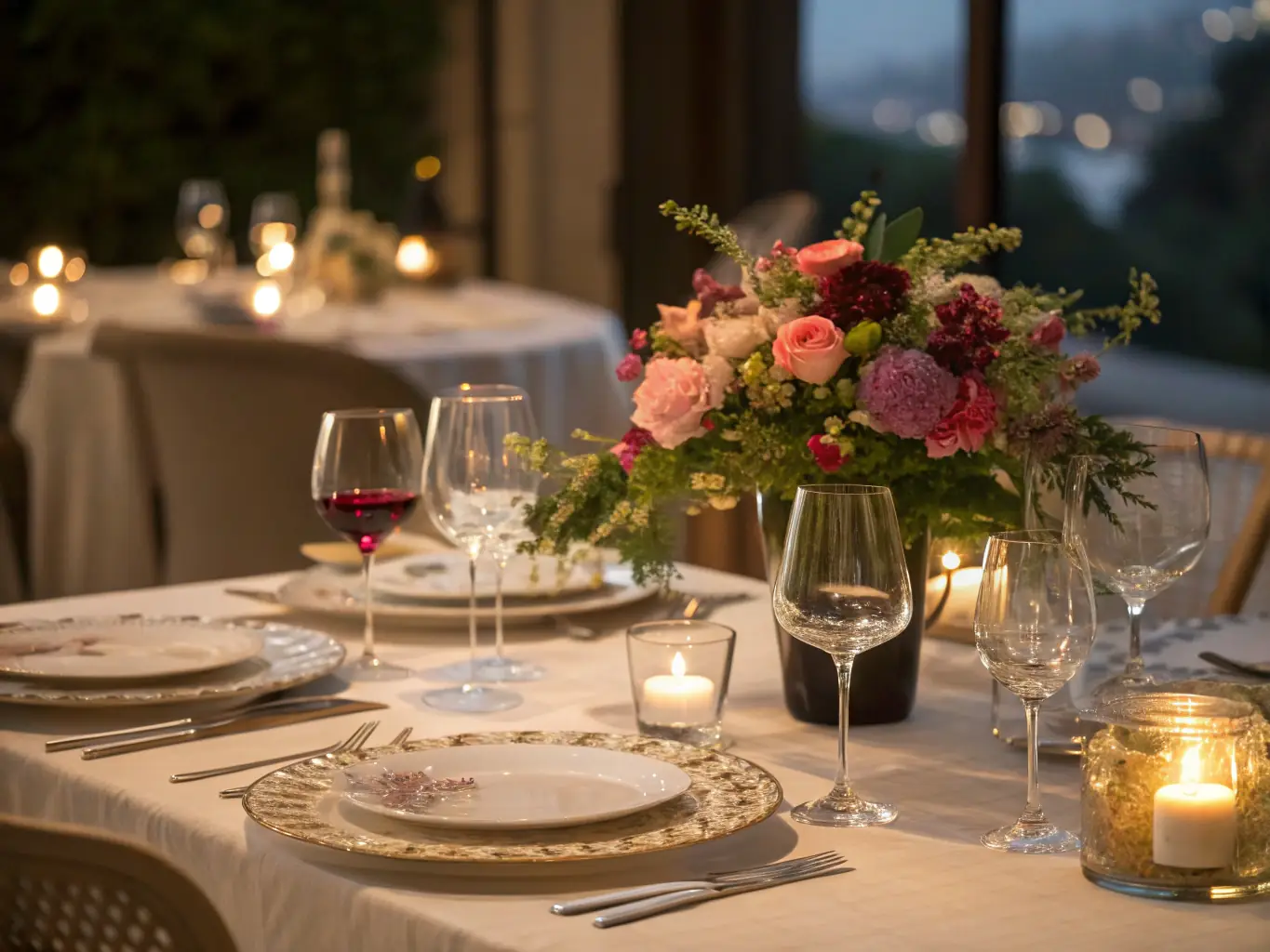 A beautifully decorated private dining room set for a celebratory event, featuring elegant table settings and floral arrangements.