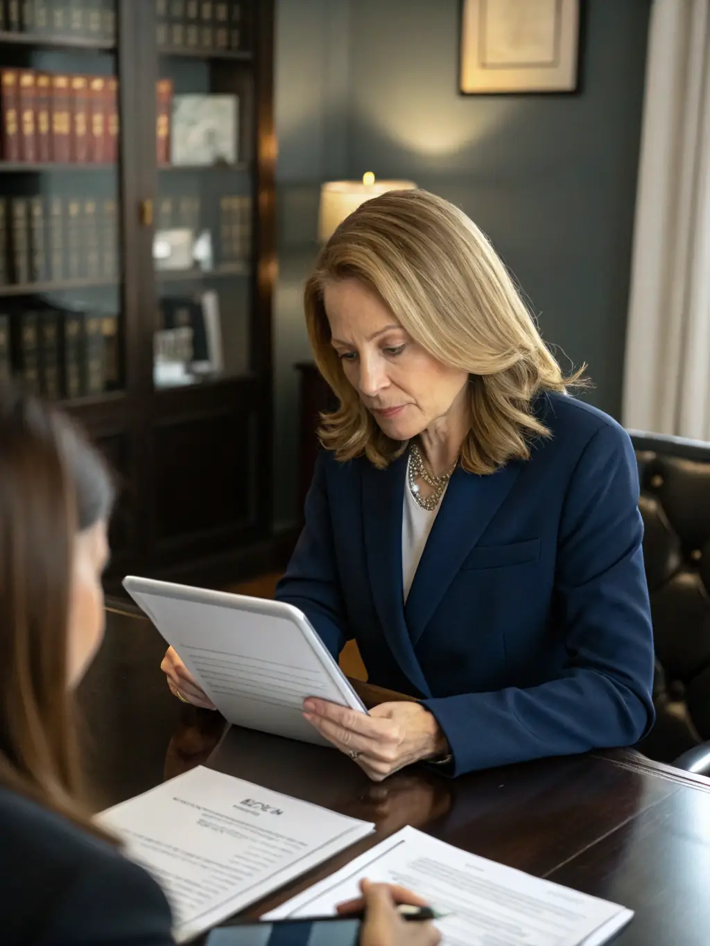A Business 2421 event coordinator consulting with a client, reviewing event details and menu options, with a warm and professional demeanor.